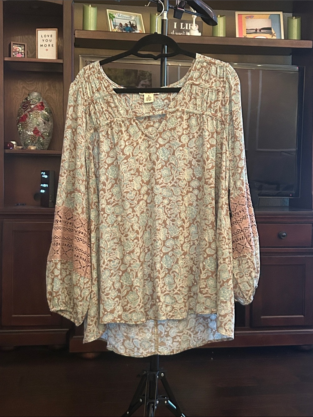 torrid Beige and Light Blue Paisley Crochet-Sleeve Tunic
